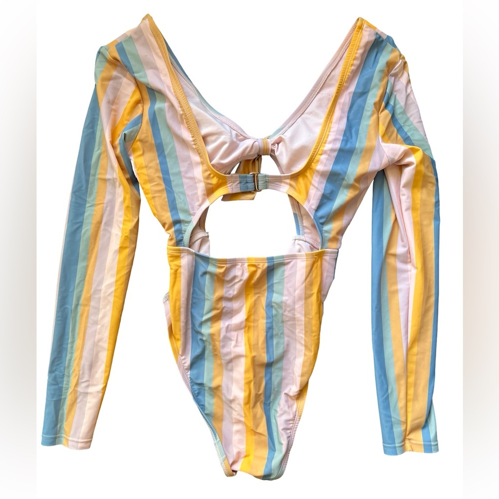 Shade & Shore Women's Size Small One Piece Multicolor Stripe Knot-Front Cut-Out - Picture 3 of 5
